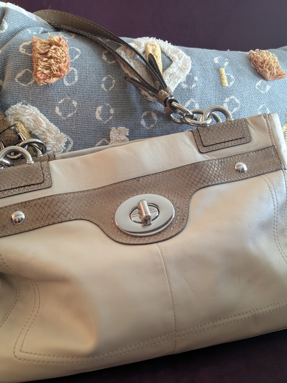 Coach Two-Tone Cream and Taupe Leather Shoulder Bag